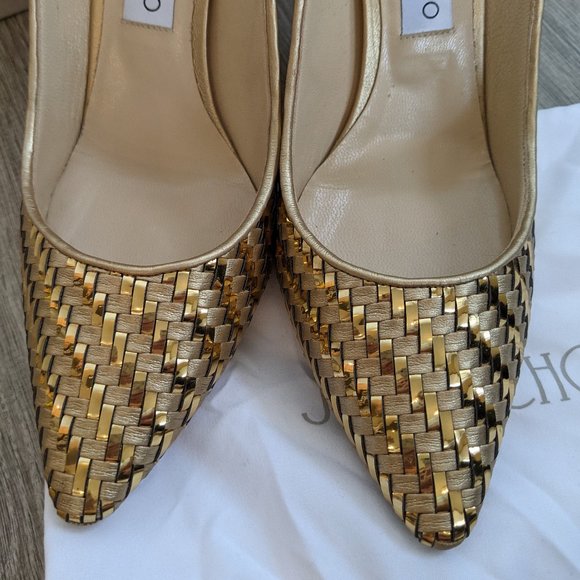 Jimmy Choo Romy 85 Gold Mix Woven Metallic Fabric Pointy Toe Pump Sz/ 8.5 - Picture 10 of 15